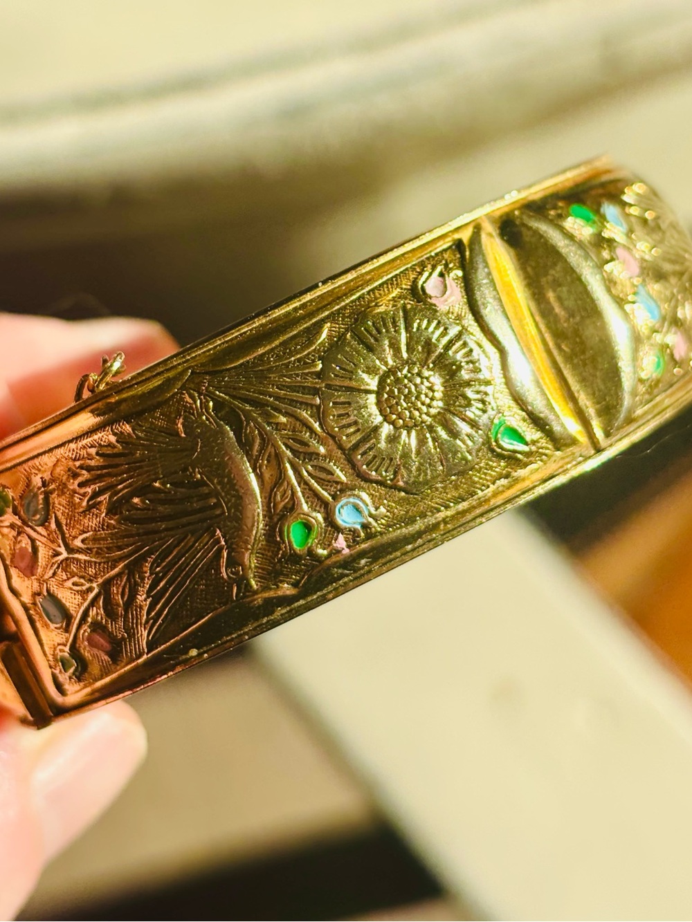 Engraved Floral Gold-Tone Hinged Bangle with Colored Inlay